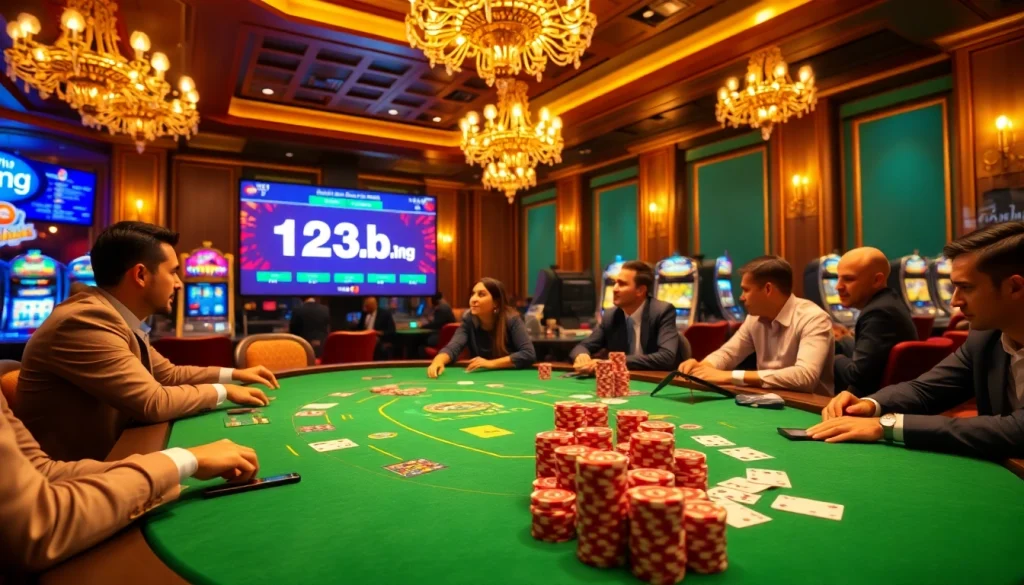 Engage with thrilling games at https://123b.ing/ in a luxurious casino setting filled with poker tables and slot machines.