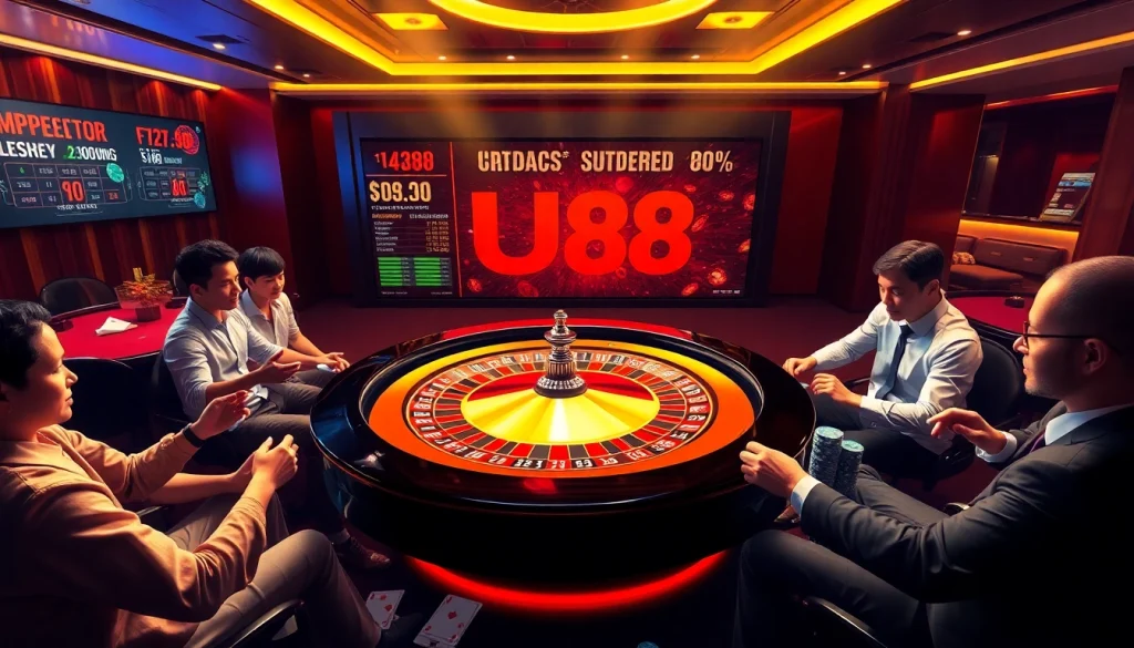 Players engaging at a UU88 roulette table in a vibrant casino environment, showcasing excitement and luxury.