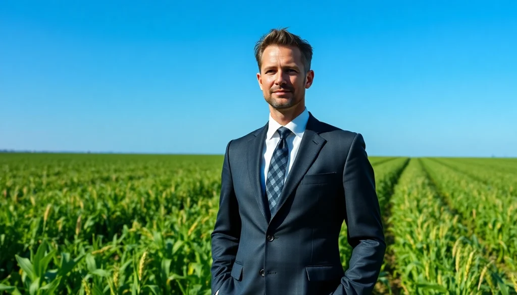 Agricultural lawyer in a field, symbolizing the intersection of agricultural law and farming.