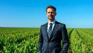 Agricultural lawyer in a field, symbolizing the intersection of agricultural law and farming.