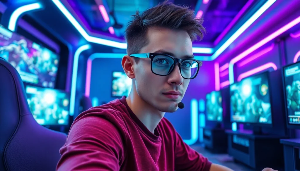 Engaging gamer reviewing video games in a high-tech gaming setup showcasing game reviews.