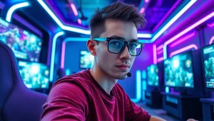 Engaging gamer reviewing video games in a high-tech gaming setup showcasing game reviews.