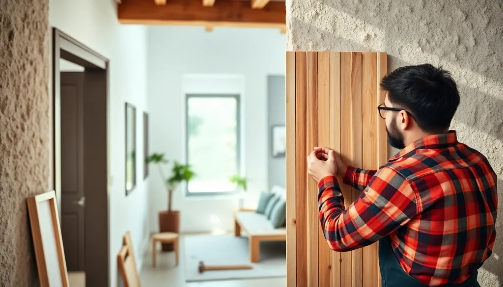 Install slat panels for walls meticulously in a modern workspace with natural light and warm accents.