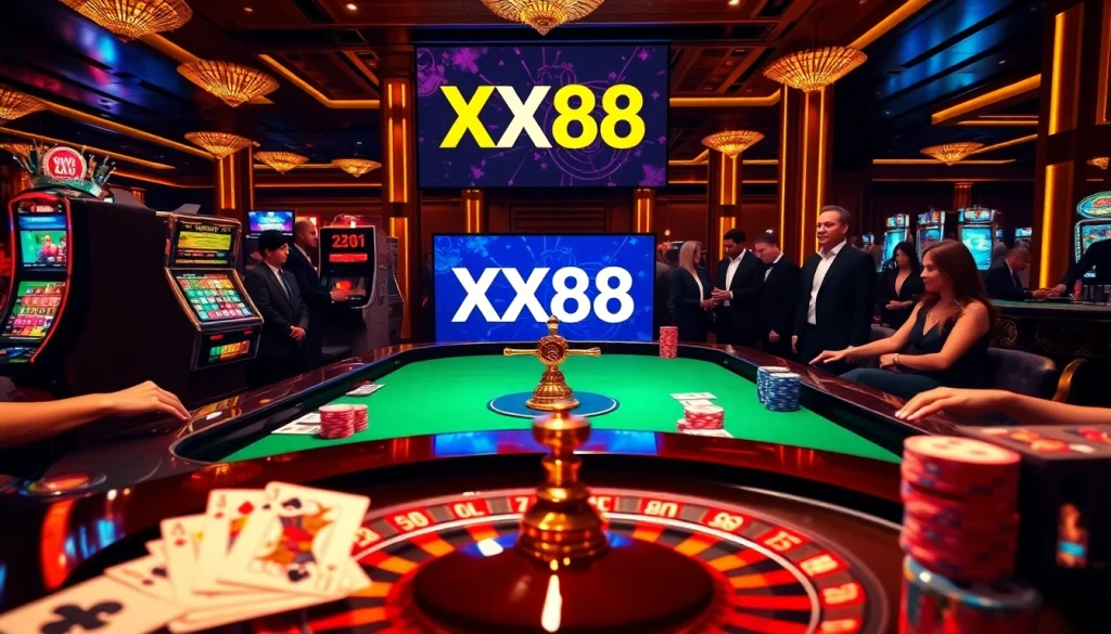 Players engaging at the luxurious XX88 casino, featuring roulette, poker, and vibrant slot machines.