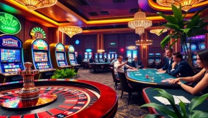 Experience the thrilling excitement of gambling at the casino with a lively scene showcasing slot machines and poker tables near https://ecogreenbuilders.in/contact/.