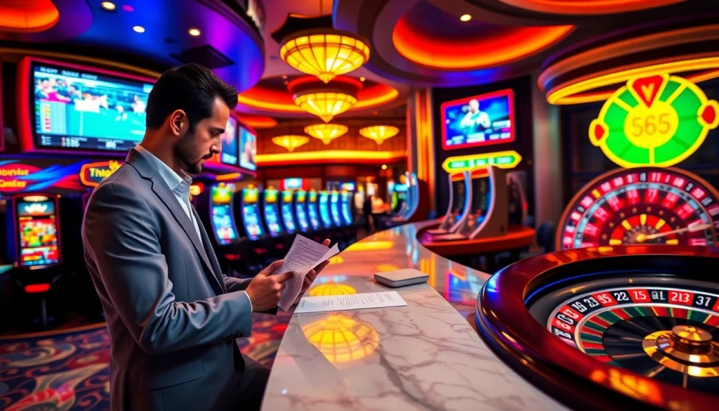 Gambler analyzing sbobet betting slips in a vibrant casino sportsbook environment.