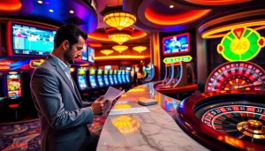 Gambler analyzing sbobet betting slips in a vibrant casino sportsbook environment.