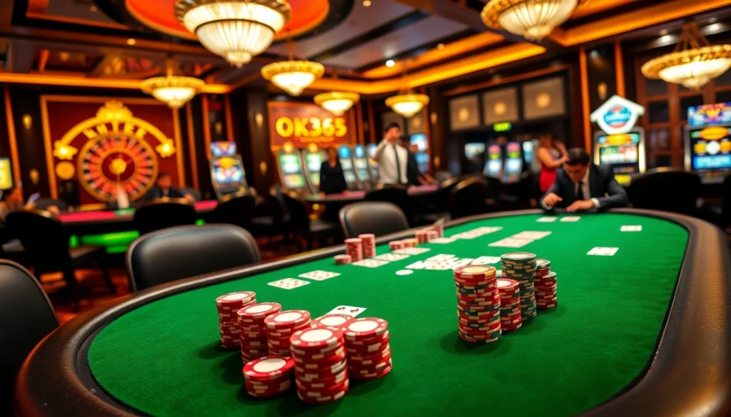 Engaging players at OK365 winning at poker with colorful chips and cards on a luxury casino table.