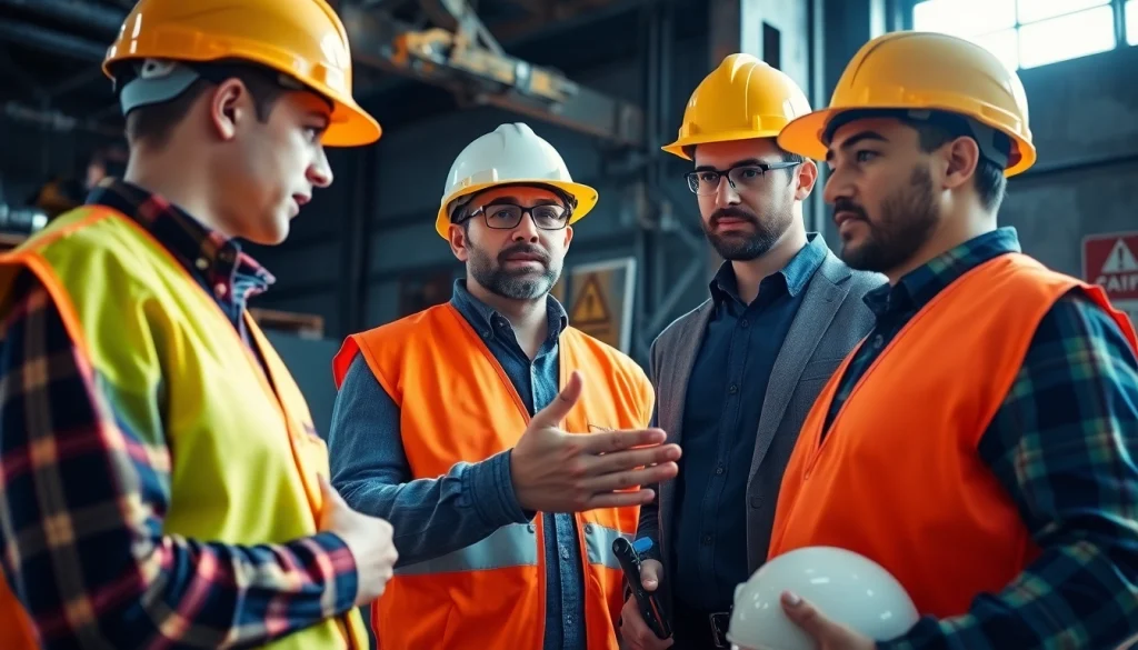 Enhance construction safety training with engaged workers and safety equipment showcased.