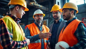 Enhance construction safety training with engaged workers and safety equipment showcased.