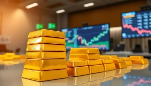 Analyze the current gold price through striking gold bars in a financial setting.