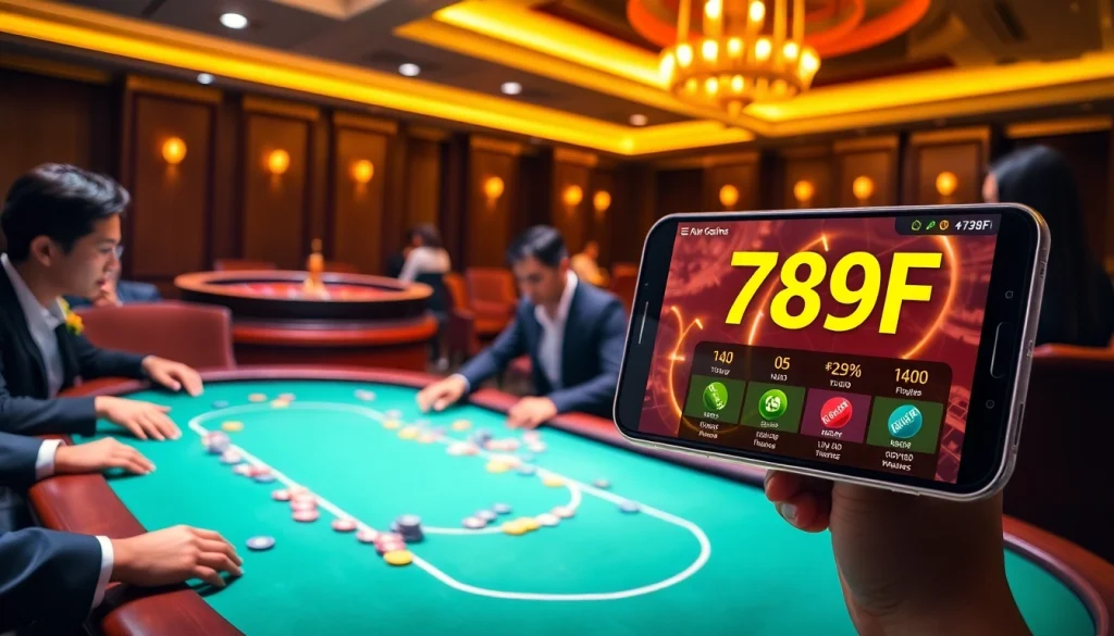 Players enjoying high-stakes poker at 789f online casino, vibrant atmosphere filled with excitement.