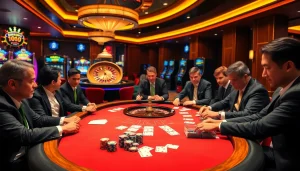 Players engage in a high-stakes poker game at a casino table, showcasing thrilling lc88 gambling excitement.
