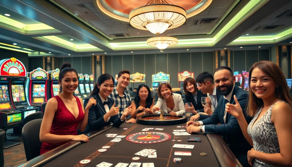 Excited players engaging in online gambling at a luxurious casino table, emphasizing đăng ký okfun.