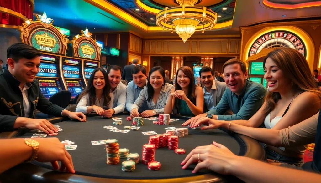 Players enjoy an exciting poker game at Haywin, showcasing tension and joy at a vibrant casino.