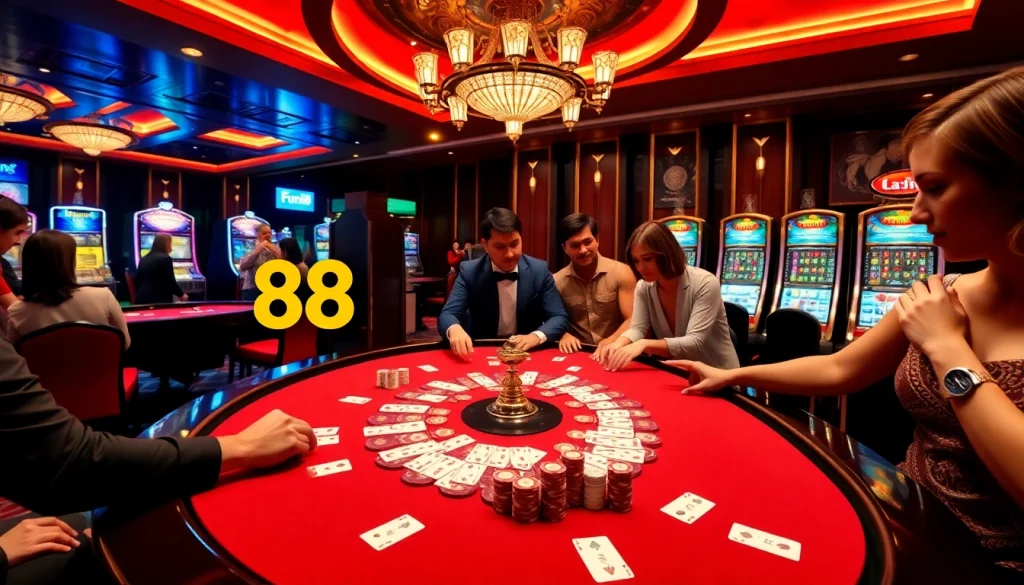 Fun88 branding enhanced with vibrant poker chips and casino tables for an exciting gambling experience.