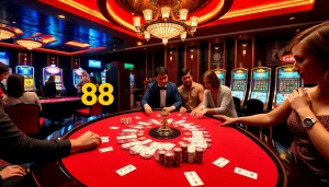 Fun88 branding enhanced with vibrant poker chips and casino tables for an exciting gambling experience.
