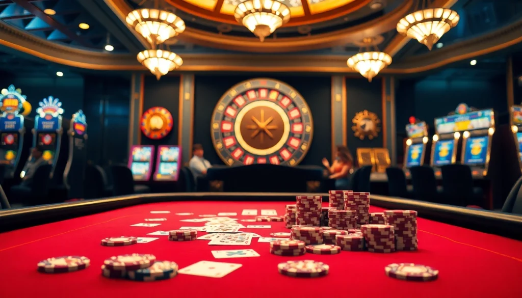 Engaging B52-themed casino table illuminated, showcasing poker chips and cards.