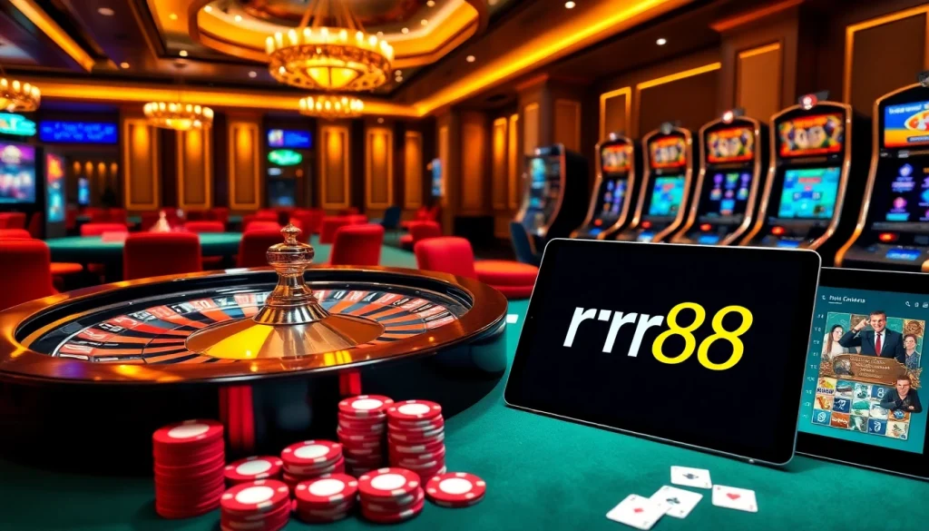 Exciting rr88 casino scene with roulette wheel and vibrant poker chips.