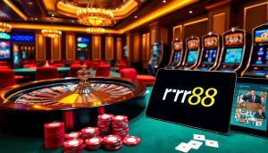 Exciting rr88 casino scene with roulette wheel and vibrant poker chips.