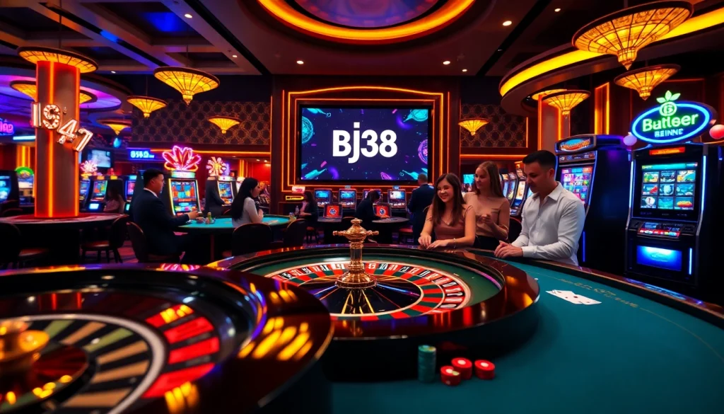 Engaging players enjoy various games at BJ38's vibrant casino, highlighting exciting gambling experiences.