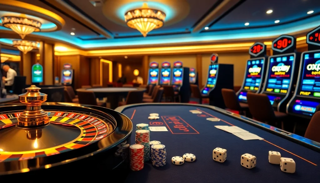 Exciting casino scene featuring oxplay logo on slot machines, vibrant poker table, and roulette wheel.