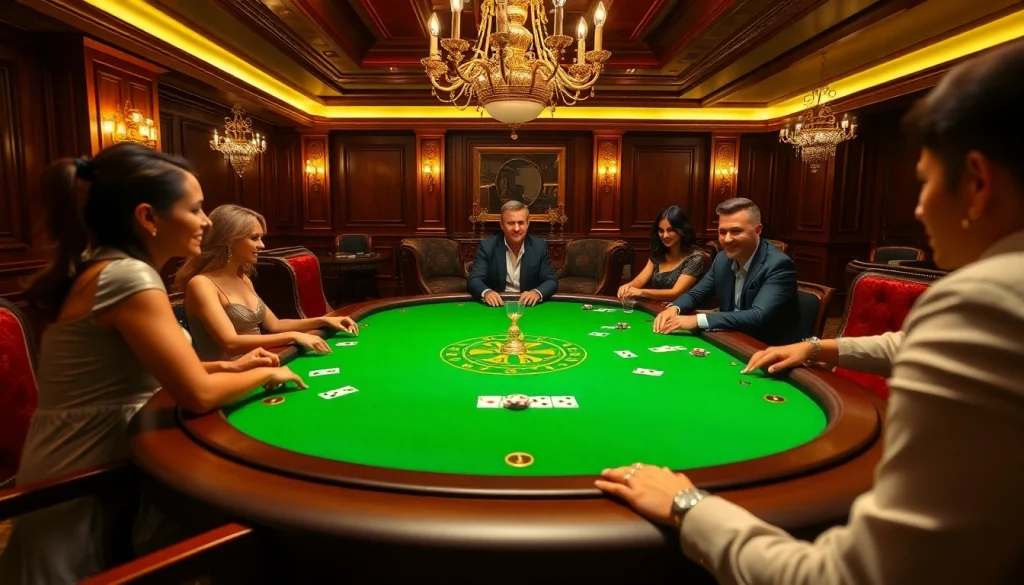 Experience thrilling poker action at 222BD with glamorous players in a luxurious casino setting.