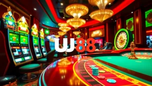 Experience the thrill of UU88 at the glamorous casino with players at poker tables.