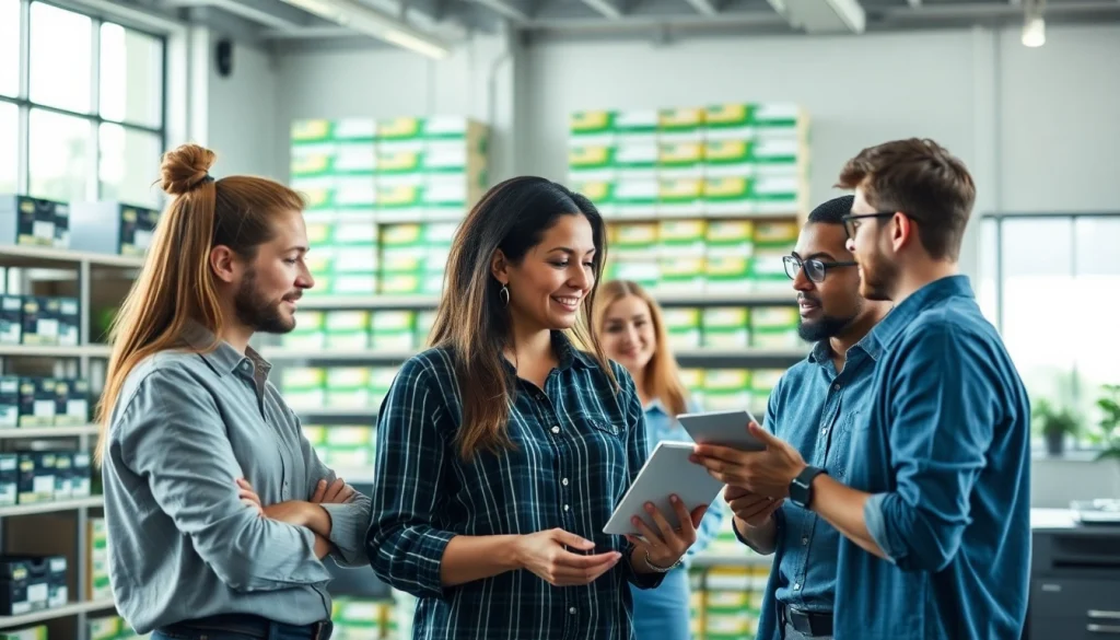 Assessing ink cartridges for resale at https://worldecho.co.jp/ with a professional team in a modern office.