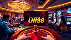 Exciting gaming action at Nhà Cái UU88 with vibrant casino tables and players.