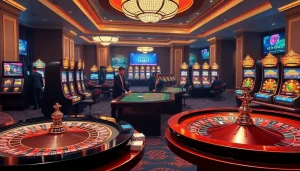 Experience gaming excitement with 8kbet link at stylish casino tables and slot machines.