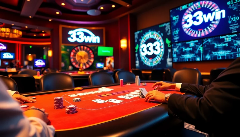 33win gamblers celebrating a big win at a luxurious poker table with colorful chips and cards.