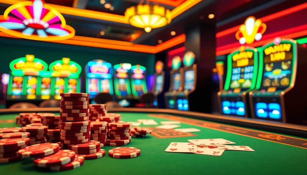 A thrilling k9k9 game scene featuring colorful poker chips and vibrant slot machines.