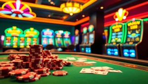 A thrilling k9k9 game scene featuring colorful poker chips and vibrant slot machines.