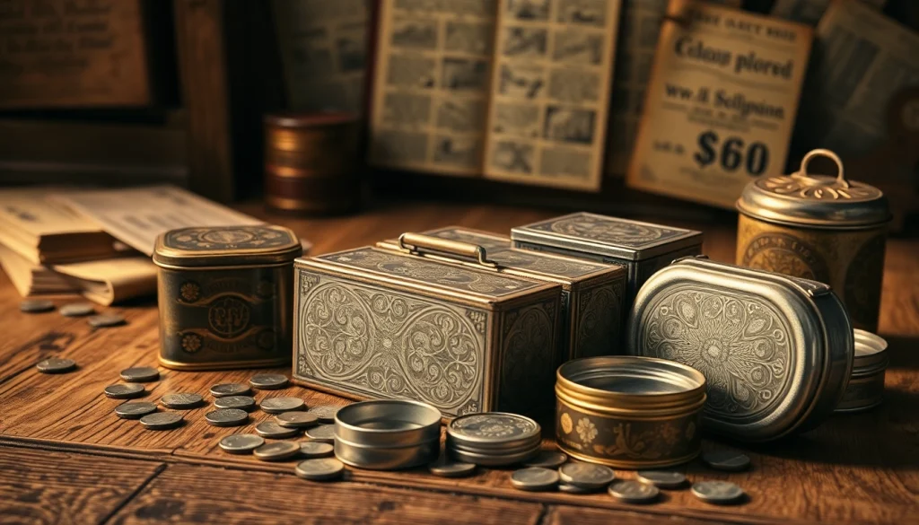 Zinn Ankauf findet mit antiken Dosen und Münzen auf einem rustikalen Tisch statt.