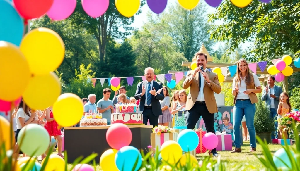 Dynamic scene of birthday party entertainers delighting attendees at a festive celebration.