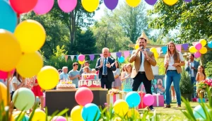 Dynamic scene of birthday party entertainers delighting attendees at a festive celebration.