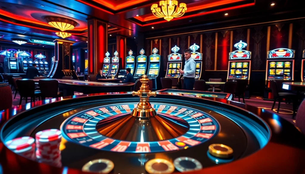Experience the thrill of Luckywin with a luxurious casino setting featuring roulette and engaging dealers.