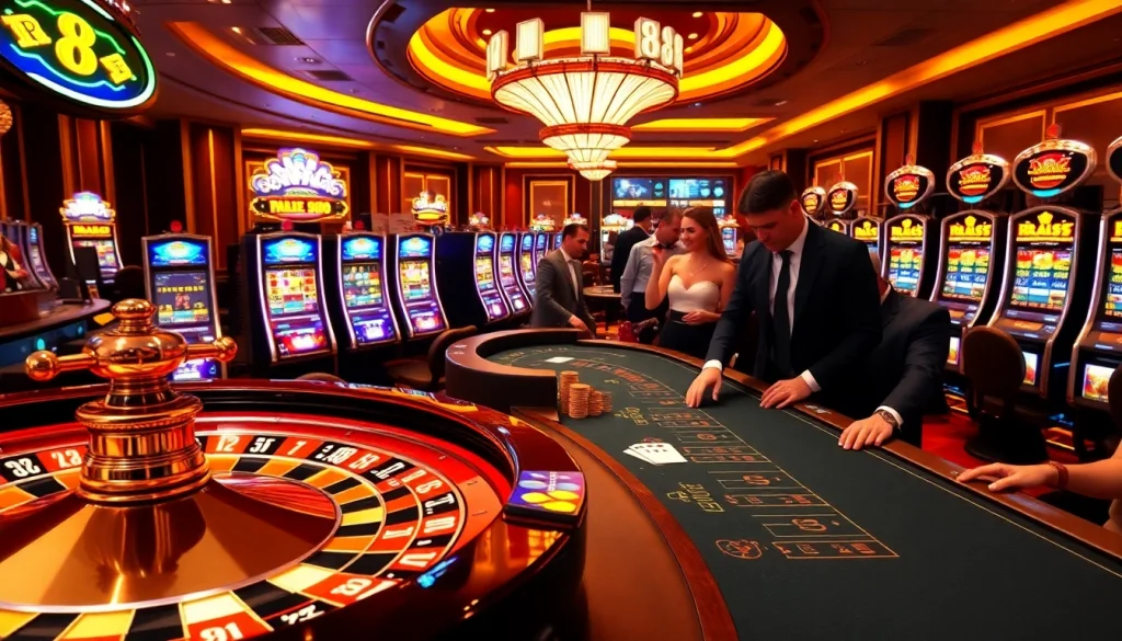 RR88 casino scene showcasing roulette and poker excitement in a vibrant atmosphere.