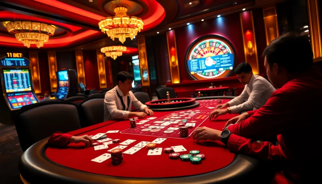 Experience high-stakes gaming at 11BET's luxurious poker tables with vibrant chips and cards.