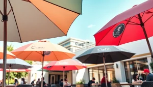 Spauda ant skėčių, demonstruojančių prekės ženklais pažymėtus skėčius lauko kavinės aplinkoje.