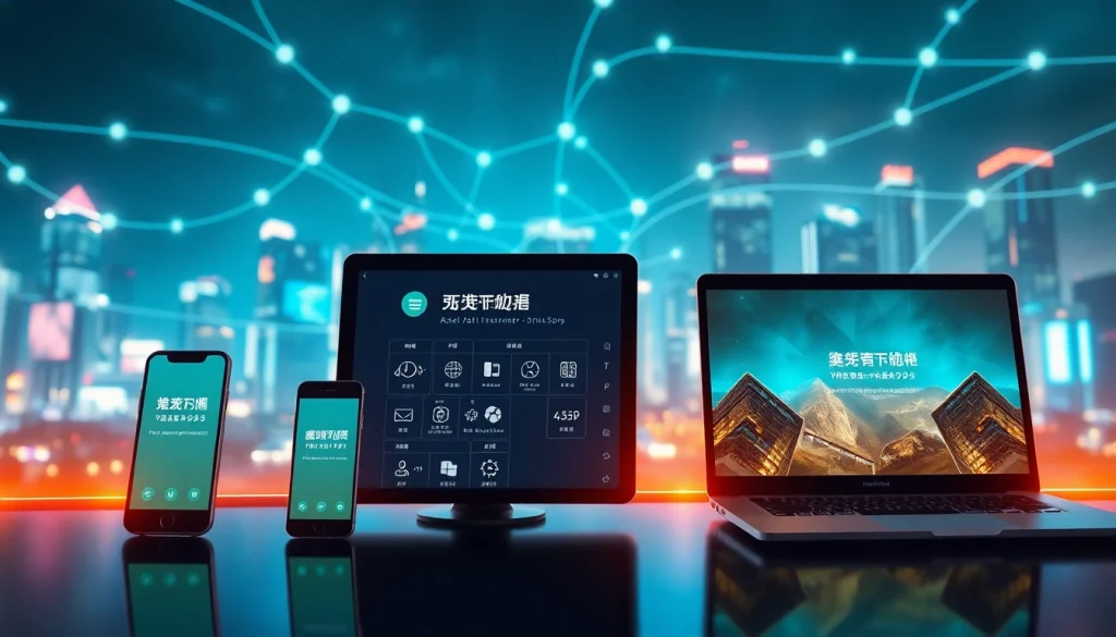 快连下载 app interface displayed on multiple devices highlighting fast internet connectivity and security.