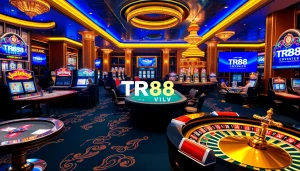 Engaging scene at tr88vip.co.com showcasing vibrant slot machines and poker tables.