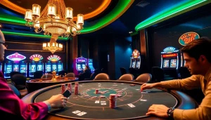 Experience the thrill of the go99 game at an upscale casino with poker tables and slot machines.