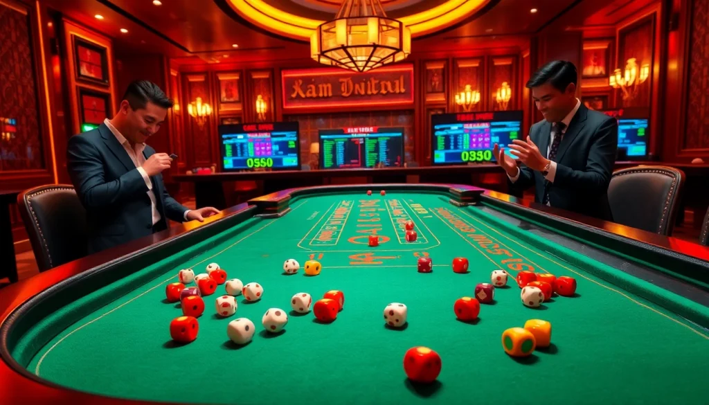 Experience the excitement of Tài Xỉu MD5 at a luxurious casino table with vibrant dice and thrilling gameplay.