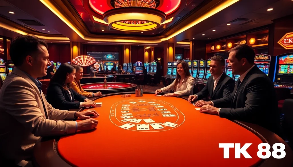 Experience the thrill of TK88 gaming at a luxurious casino with vibrant action tables and slots.