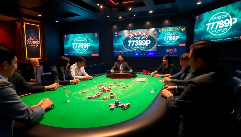 Engage with the thrilling atmosphere of Trang chủ 789P casino, showcasing poker chips, a roulette wheel, and intense players.