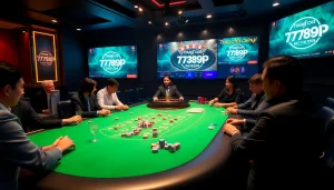 Engage with the thrilling atmosphere of Trang chủ 789P casino, showcasing poker chips, a roulette wheel, and intense players.