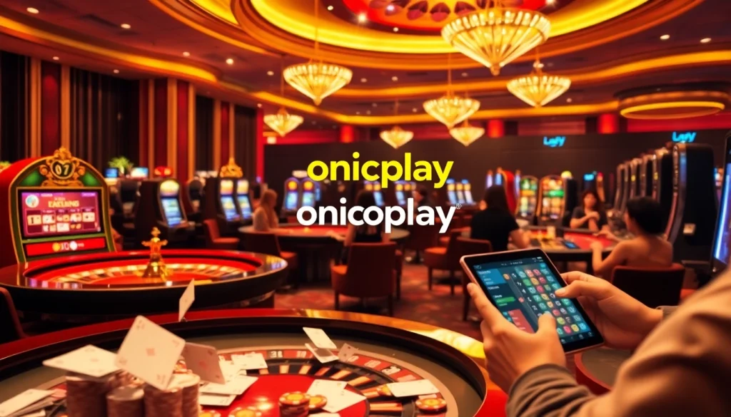 Experience the excitement of onicplay login with players at vibrant casino tables and slot machines.