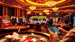 Experience the excitement of onicplay login with players at vibrant casino tables and slot machines.